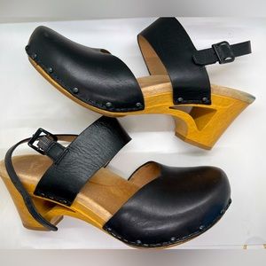 Dansko Slingback Clogs Wood Soles Leather Adjustable Strap Black Cutout Heel 38